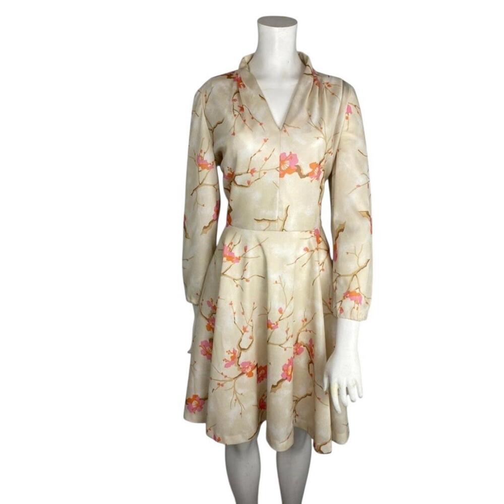 Vintage Tan Pink Cherry Blossom Dress Long Sleeve Fit Flare Back Zip Sz LARGE